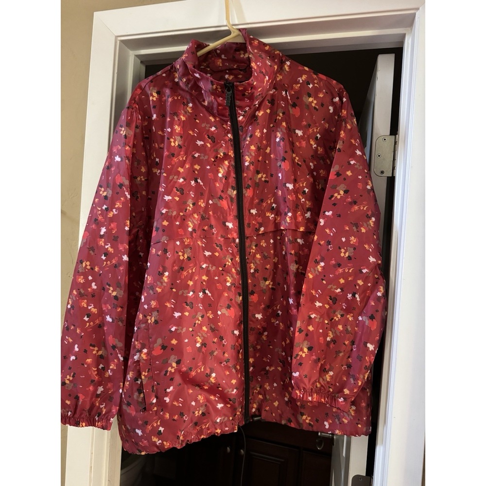 Totes Floral Rain Jacket Womens XL Burgundy Packable Hooded Windbreaker Coat